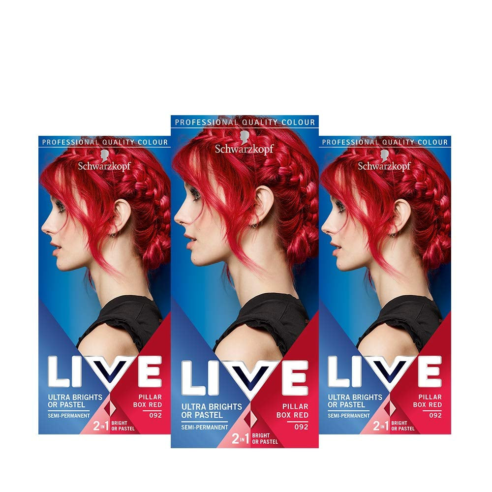 Live ultraheldere of pastelrode haarverf, 3 stuks, semi-permanente kleur, gaat tot 15 wasbeurten mee - 092 Pillar Box Red Naty Shop Pillar Box Red Hair Dye, 3 stuks (pak van 1)