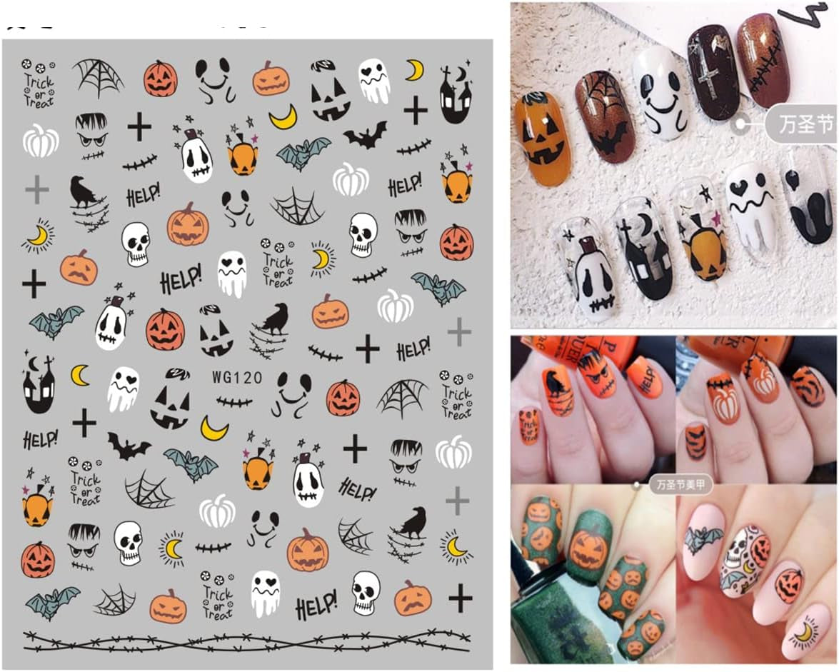 8 Blatt Nagelsticker Halloween Nagelstickers Selbstklebend Niedliches Kürbis-Schädel-Spinnennetz Niedlichen Kinder Geist Nail Art Sticker Decoratie Nageldesign Zubehör