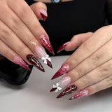 Mouyuglow Lange nagels Stiletto Melkwit Gradiënt Roze Glitter Cool Nepnagels met lijm Roze Ombre Glitter Kunstnagels