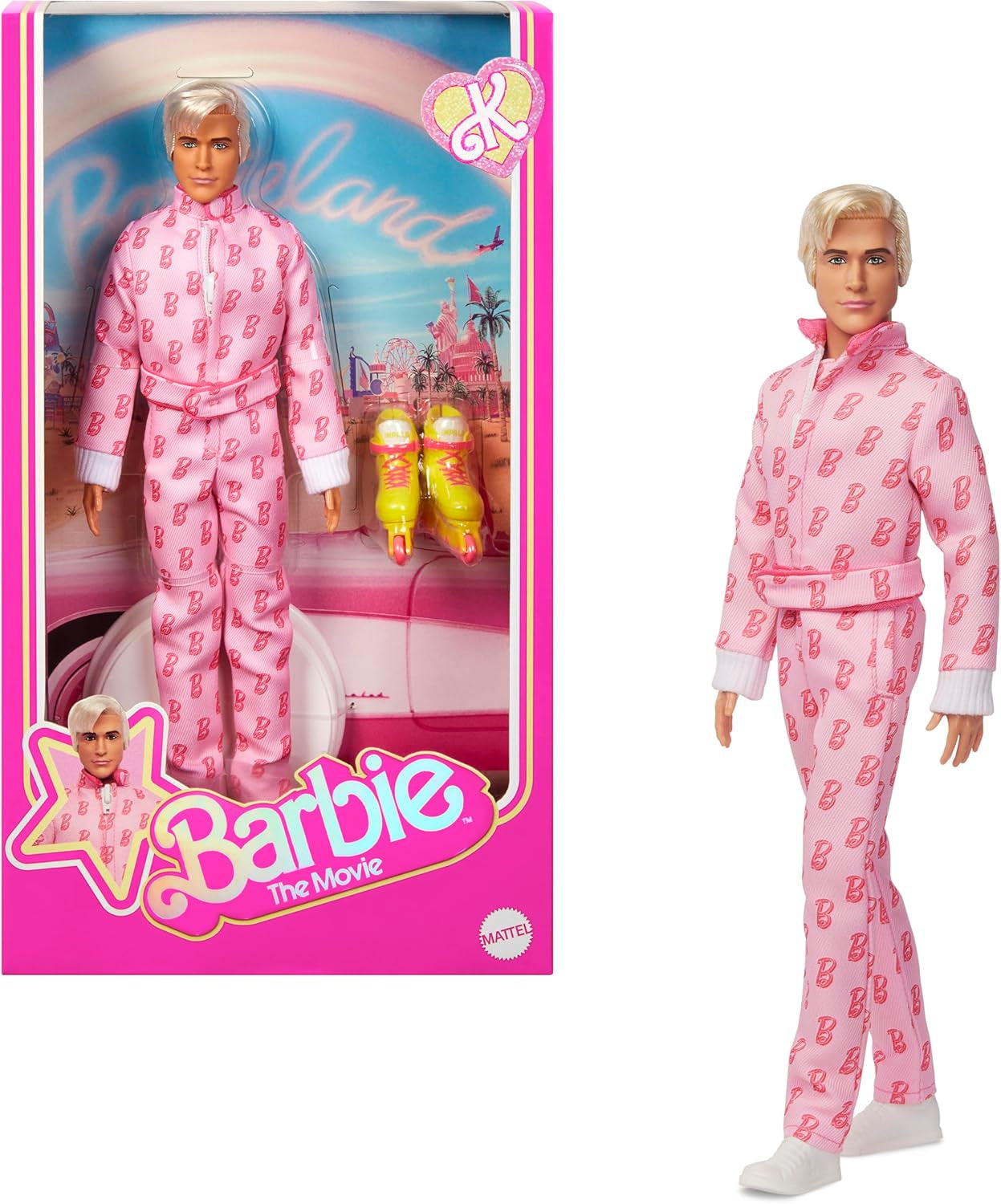 Barbie The Movie - Ken-Sammelpuppe, Ryan Gosling als Ken in rosafarbenem Overall met "B"-opdruk, witte sneaker en bunten Inlineskates, JCP80