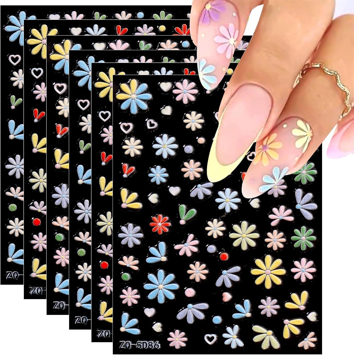 JMEOWIO 3D Nagelsticker Frühling Blumen 5 Blatt Nagelaufkleber 5D Stereoskopisch Selbstklebend Bunte Blüte Nail Art Sticker Decoratie Nageldesign Zubehör