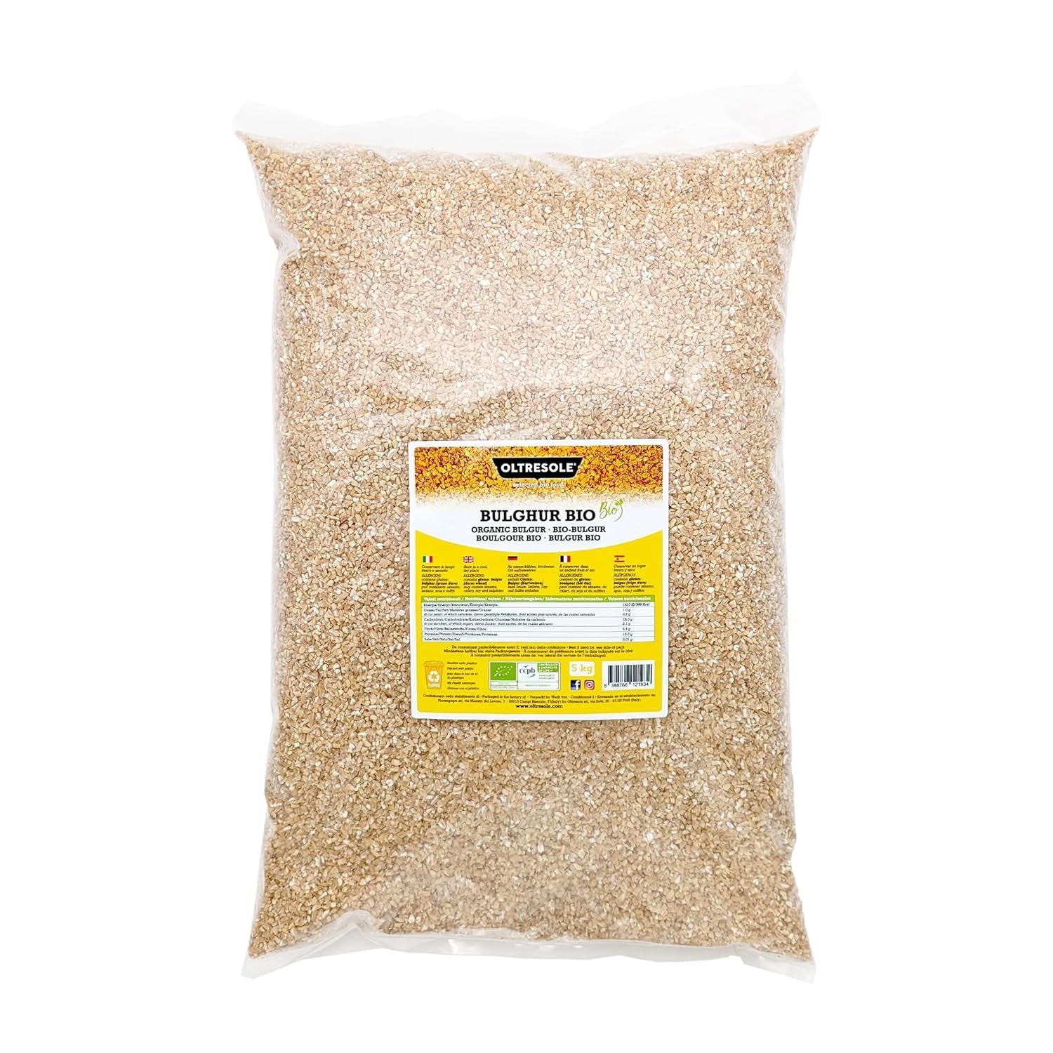 Biologische Italiaanse Bulgur 5 kg, volkoren, durumtarwe, gebroken tarwe, ideaal voor het maken van tabouleh en oosterse gerechten, praktisch formaat