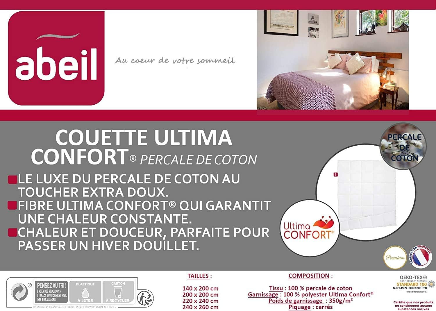 Abeil Premium Ultima Comfort dekbed van perkalkatoen, 200 x 200 cm Dekbedden en dekbedden Naty Shop