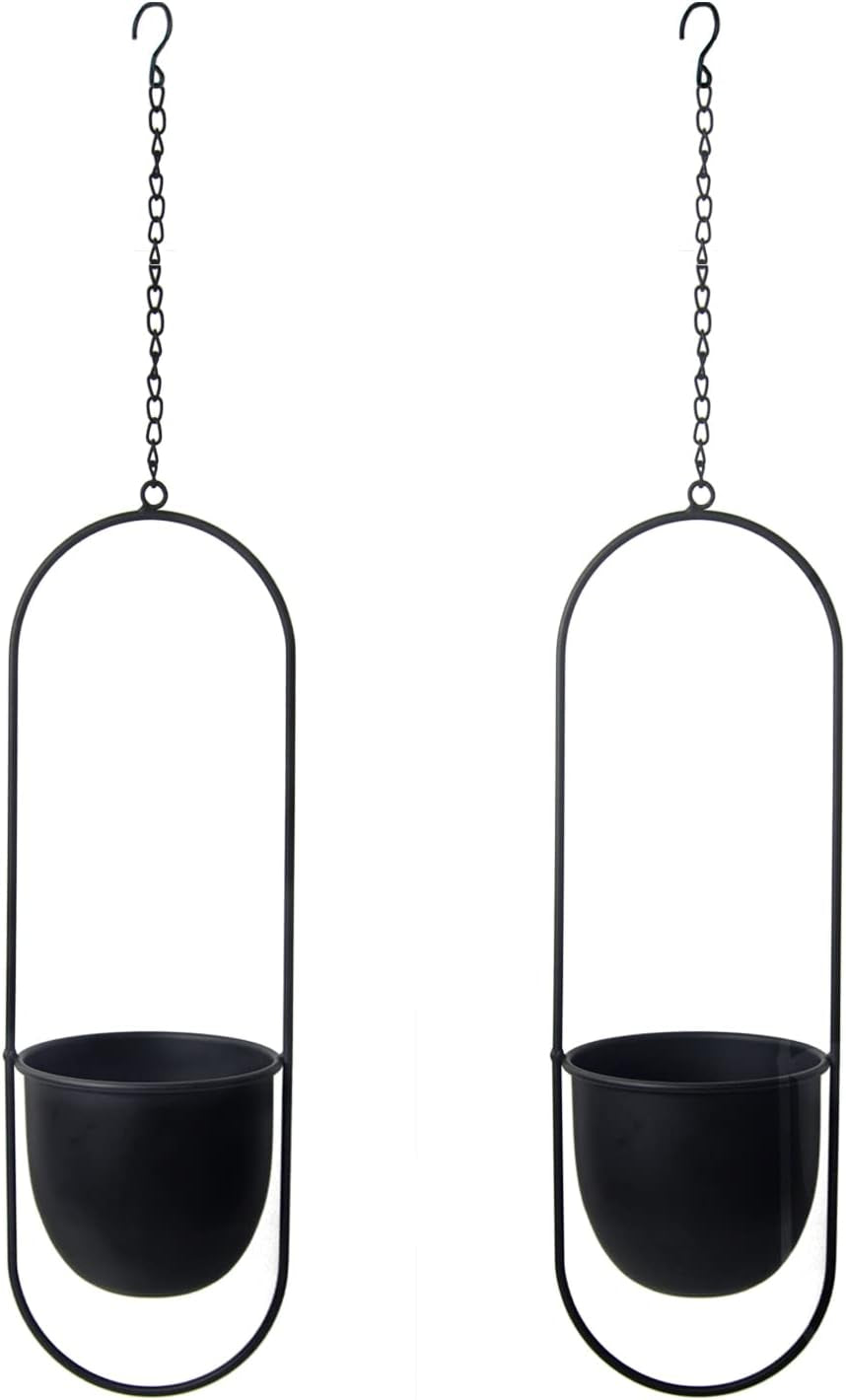Hangende metalen bloempotten, 2 stuks, zwarte ovale geometrische plantenhanger met potten, moderne wand- en plafondplantenbak, binnen buiten, 15,2 cm, bloempotten, 2 stuks