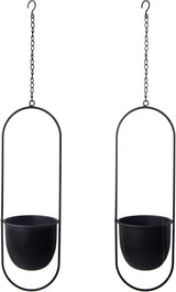 Hangende metalen bloempotten, 2 stuks, zwarte ovale geometrische plantenhanger met potten, moderne wand- en plafondplantenbak, binnen buiten, 15,2 cm, bloempotten, 2 stuks