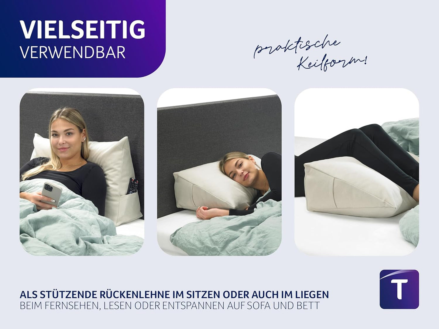 Traumnacht Cosy Back kussen, leeskussen, 70 x 40 cm beige, afneembare en wasbare hoes van 100% polyester, praktisch zijvak, Oeko-Tex gecertificeerd, geproduceerd volgens Duitse kwaliteitsnormen