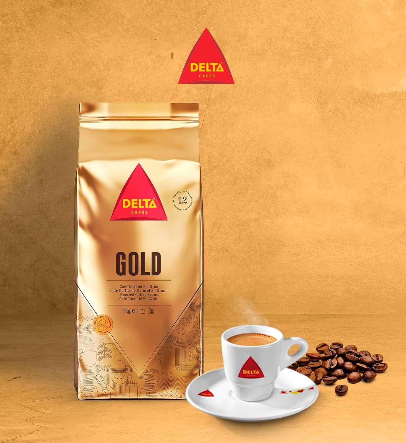Delta Cafés - Kaffeebohnen Gold - 2 Pakjes à 1 kg - Intensiteit 12 - Vollmundige Arabica-Röstkaffebohnenmischung - Sehr aromatisch mit Noten von Honig und Reifen Früchten