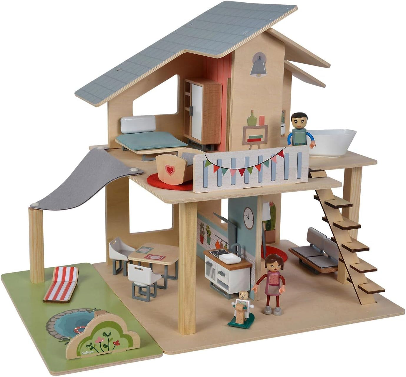 Eichhorn - Poppenhuis met accessoires - Incl. meubels en 3 beeldjes, Niet gemonteerd, Gemaakt van hout, 25 stuks, 53X36X44 cm groot, Vanaf DRIE jaar Poppenhuizen Naty Shop Standaard titel