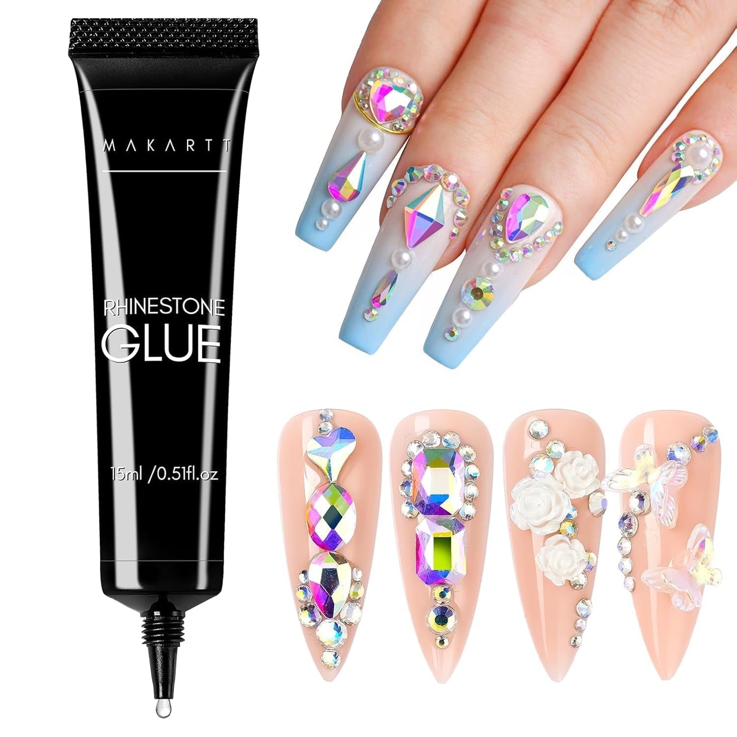 Makartt Strass zelfklevende gel - 15 ml UV-nagellijmset met roze nagelbedels Hartcirkel Nagelsieraden en nageldesignaccessoires voor thuismanicure Valentijnsdagcadeau