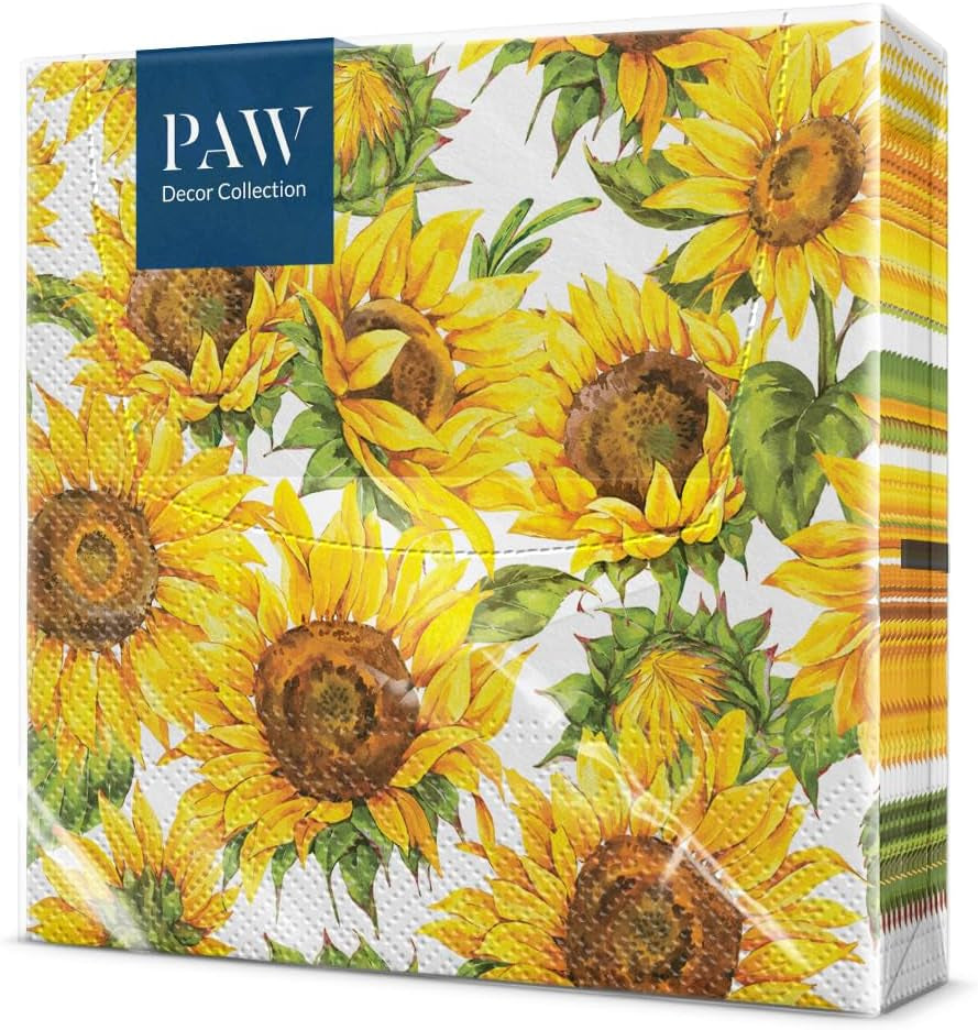 PAW - 3-laags servetten (33 x 33 cm) I 20 stuks I Perfect voor verjaardagen, feesten, dates I Herfsttafeldecoraties I Kleurrijke papieren servetten - Zonnebloemgele bloemblaadjes I Dansende zonnebloem