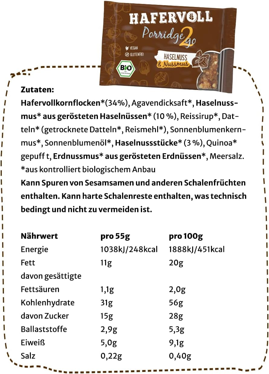 Hafervoll Porridge2go Pindakaas en noten, 13 repen x 55g - Veganistisch, biologisch, glutenvrij, geen toegevoegde suikersnack, met haver, dadels en quinoa-snoepjes