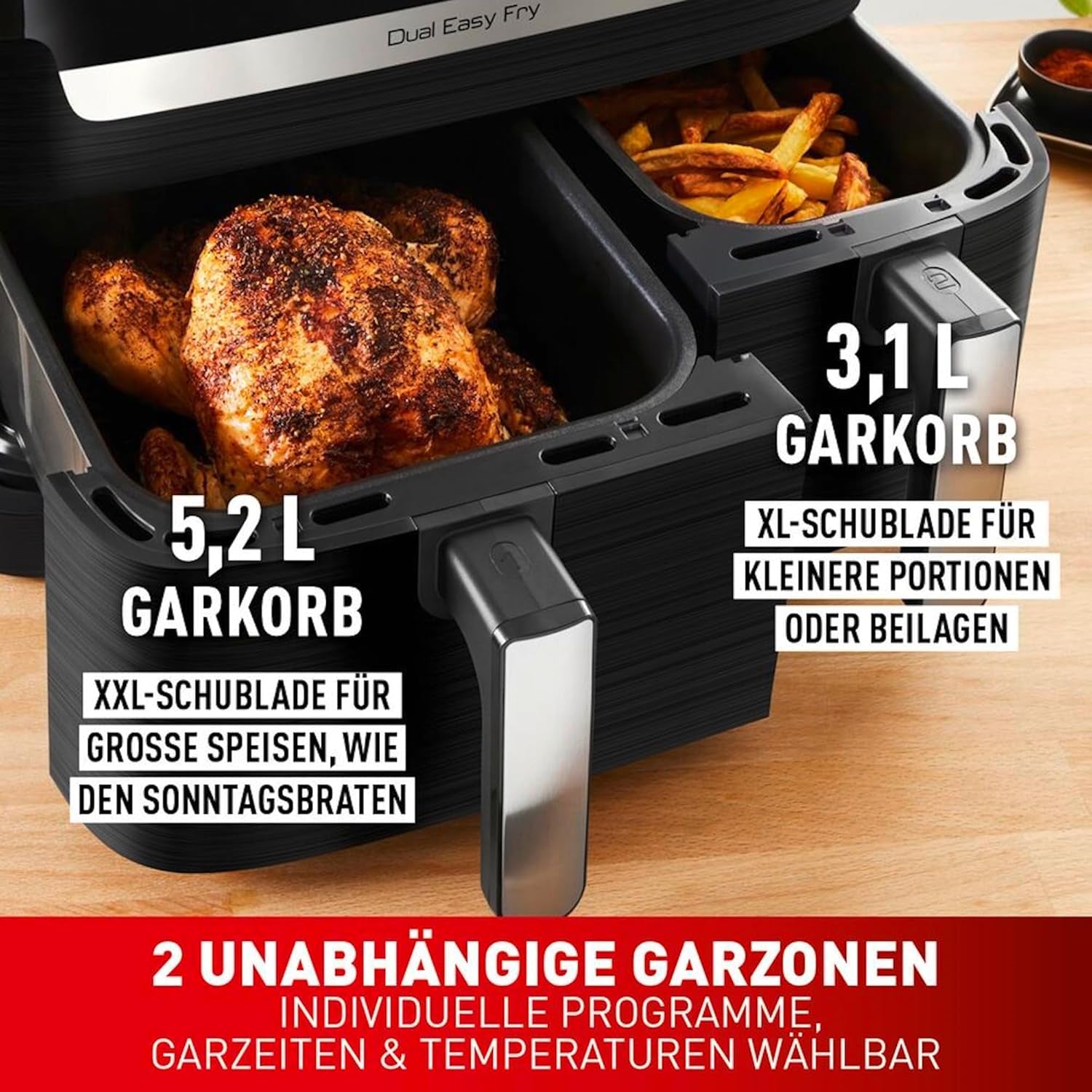 Tefal Dual Easy Fry Heteluchtfriteuse met twee kamers, inhoud 5,2/3,1 liter, twee onafhankelijke laden, 7 programma's Huishoudelijke apparaten Naty Shop