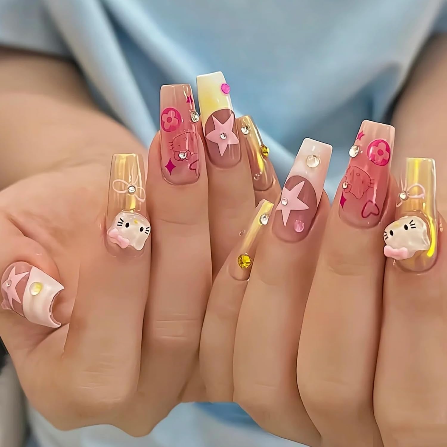 3D kattennagelstickers, nagelglitter, pailletten, harsnagelstickers, nageledelstenen, diamanten voor nagelkunst, inclusief strass nagelwasstick (kleurrijke kat)