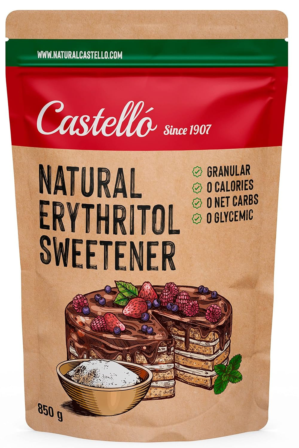 Natuurlijke Erythrit - Kristallzucker | 10G = 7G Zucker | Natürlicher Zuckerersatz - 0 Kalorien - 0 Glykämischer Index - Keto en Paleo - 0 Netto-Kohlenhydrate - Kein GVO - Castello sinds 1907-1Kg Zoetstoffen Naty Shop 850 G (1Er Pack)