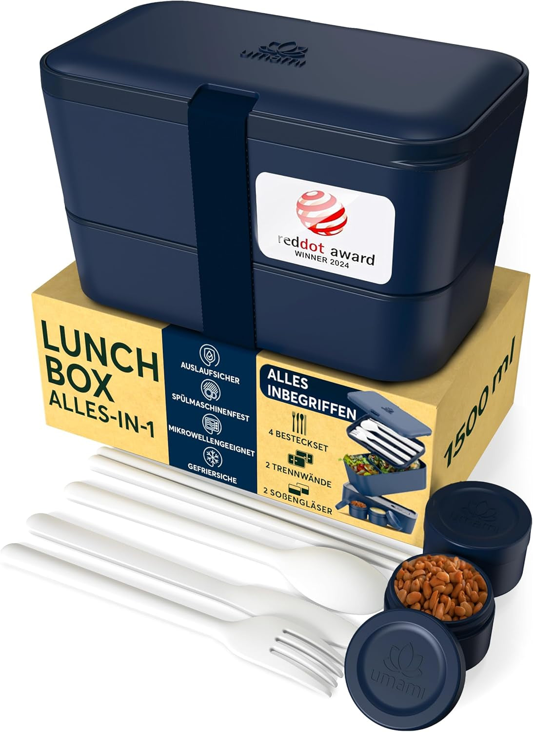 Umami lunchbox voor volwassenen, lekvrije stapelbare bentobox met 4 bestek en vakken, lunchbox voor volwassenen, saladecontainer voor onderweg, picknick-/kantoorlunchbox, houtskoolgrijs, 1500 ml