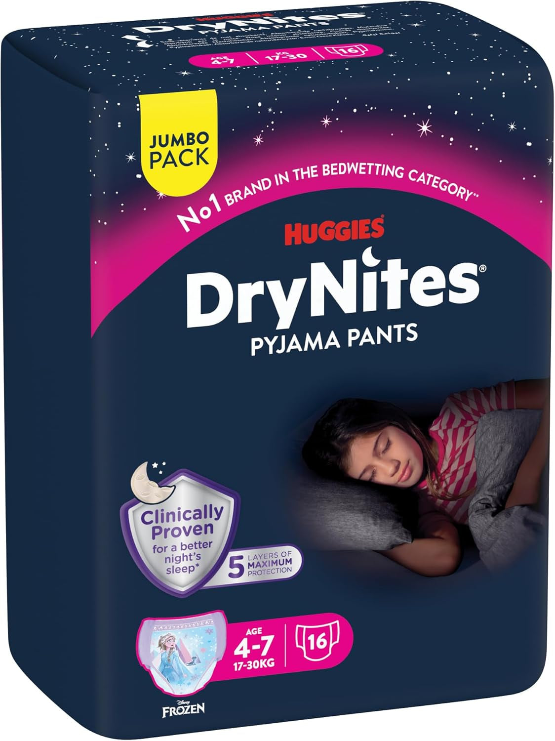 Huggies DryNites superabsorberende nachtluiers voor meisjes 4-7 jaar, 4 x 16 pantyluiers (64 stuks), maandpakket