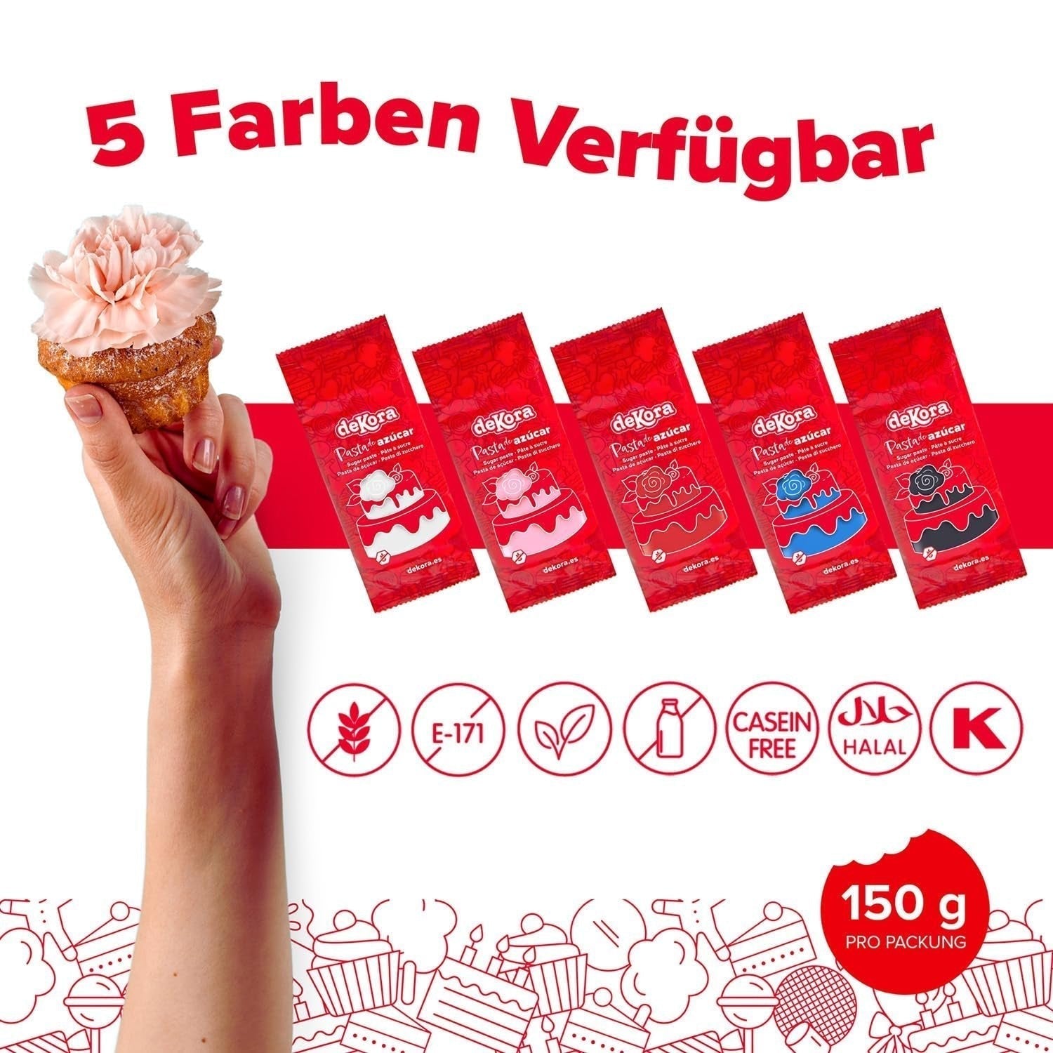 Dekora - Witte suikerpasta-fondant 150g - Perfect voor taarten en bakdecoraties - Gluten- en lactosevrij - Vanillesmaak - Zacht, flexibel en gemakkelijk te vormen voor creatieve decoraties Naty Shop Suikerpasta