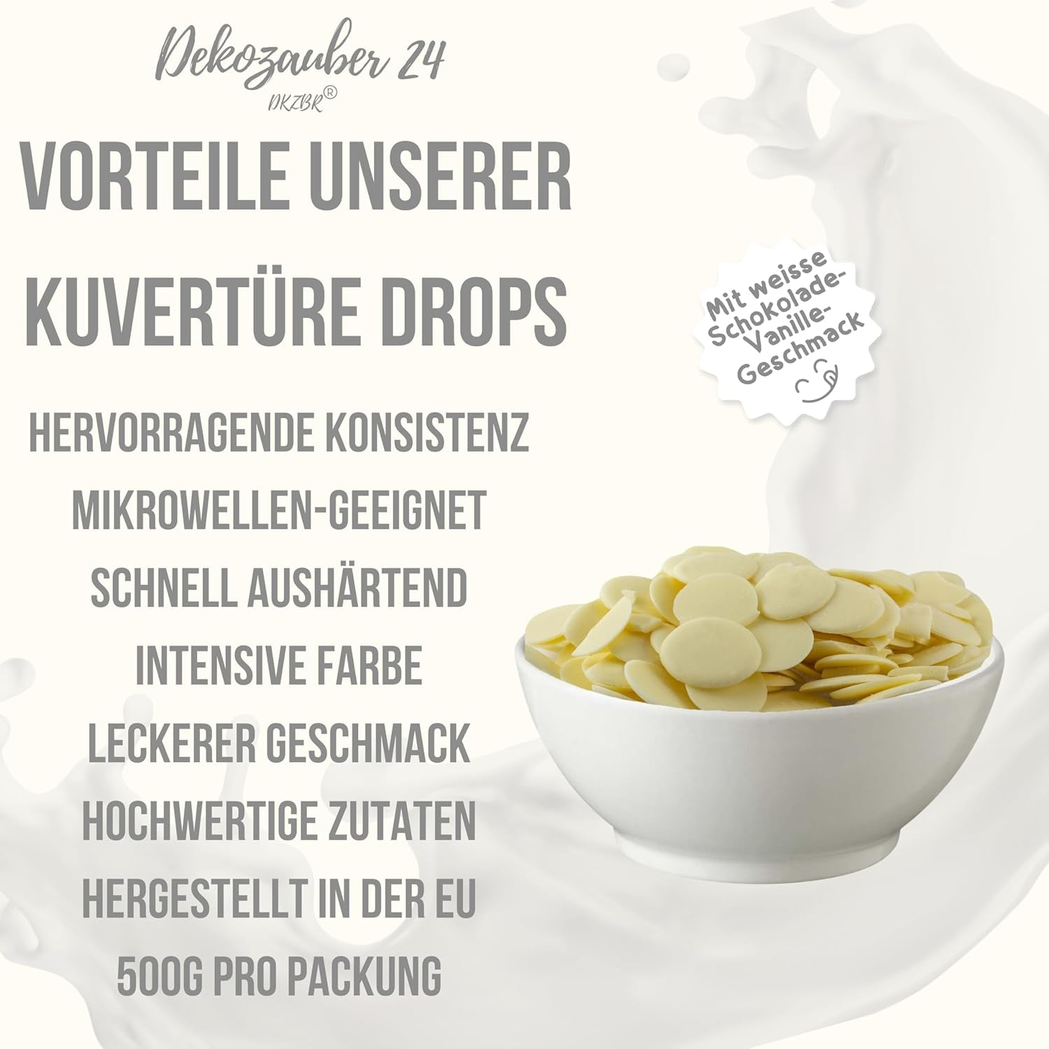 Dekozauber24 couverturedruppels, wit, 500g, met witte chocolade- en vanillesmaak, Deco Melts-chips, magnetronbestendig, voor cake pops, cakes, vlaaien, vlaaien, dripping of icing Naty Shop Suikerpaste