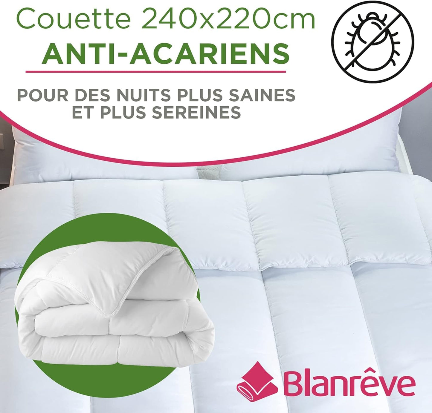 Serenité dekbed - Anti-mijtbehandeling - Gehard 300 G/M² - 240 X 220 Cm - Voor tweepersoonsbed - Machinewasbaar, wit Dekbedden en dekbedden Naty Shop
