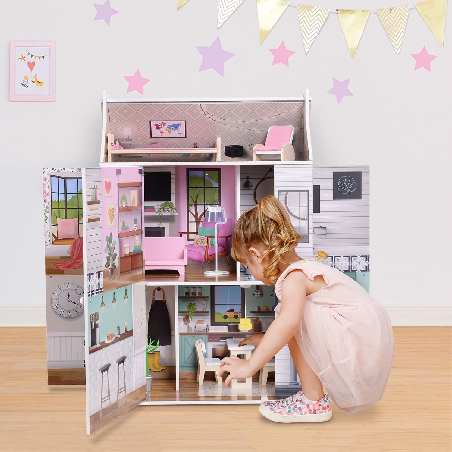 Olivia's Little World Dreamland 3-laags interactief houten poppenhuis met 13 poppenmeubelaccessoires Wit TD-13632A
