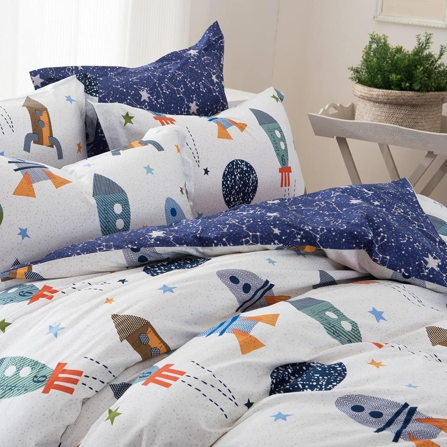 Kinderbeddengoed, raketten en planeten, omkeerbaar design, katoenen beddengoed - kinderen Naty Shop
