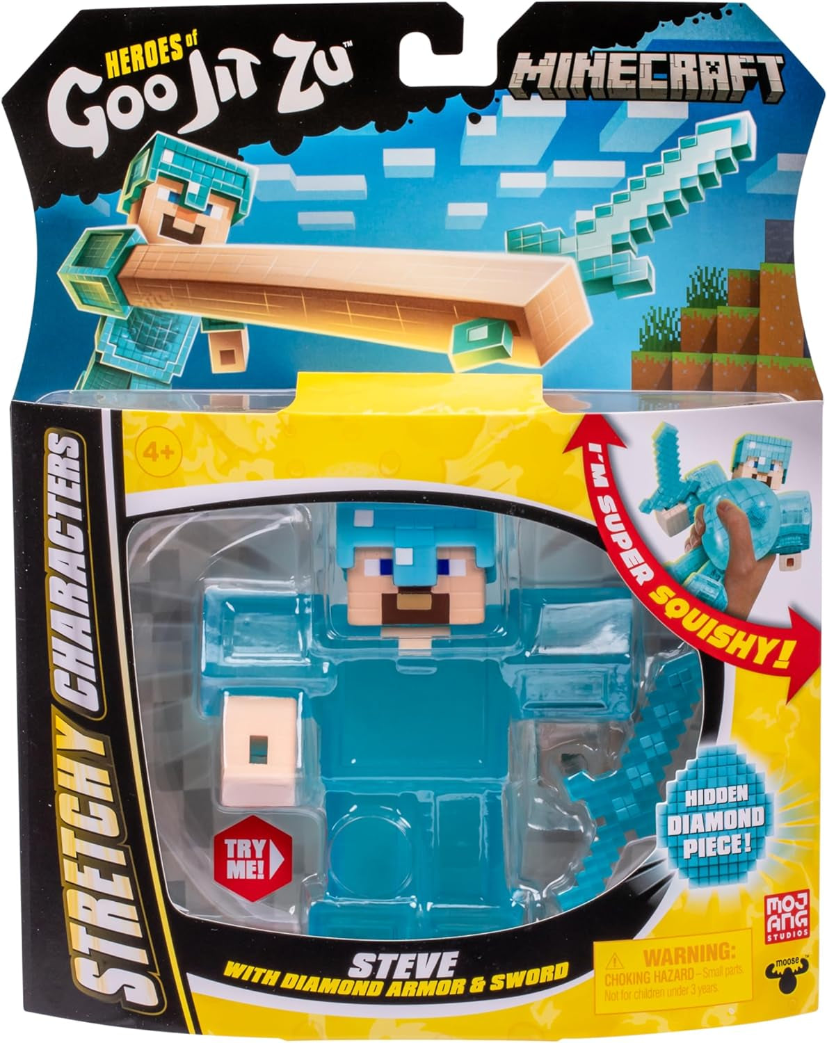 Heroes of Goo Jit Zu - Uitbreidbaar Minecraft-figuur - Steve met diamanten pantser en zwaard, super rekbare Goo Filler met verborgen diamantelement erin, uitbreidbaar tot actiefiguren van 3x formaat Naty Shop