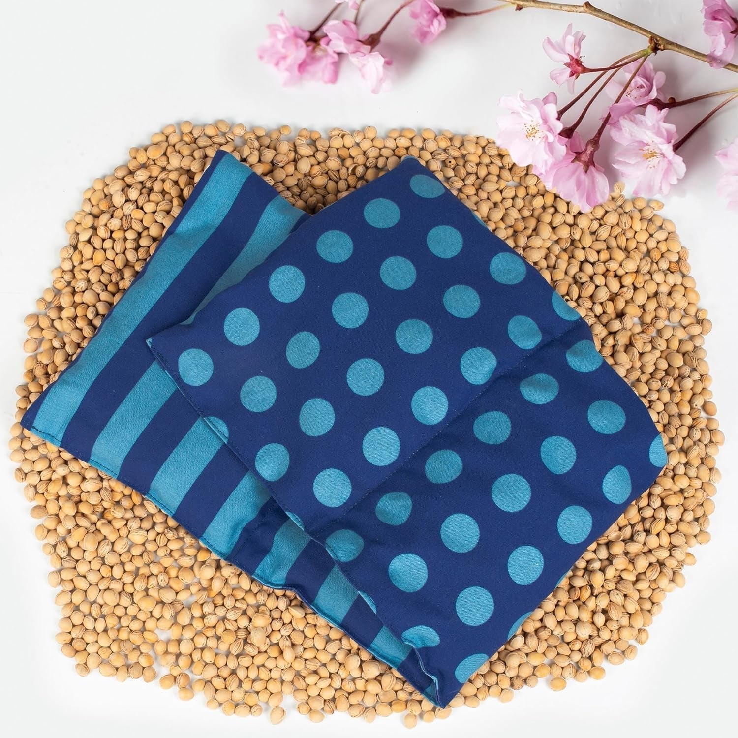 Kersensteenkussen Magnetron- en ovenbestendig - Blauw met strepen en stippen I Handgemaakt I Gemaakt in Duitsland I Ca. 20 X 60Cm I Oeko-Tex katoen I Nekkussen Cervicale orthopedische kussens Naty Shop