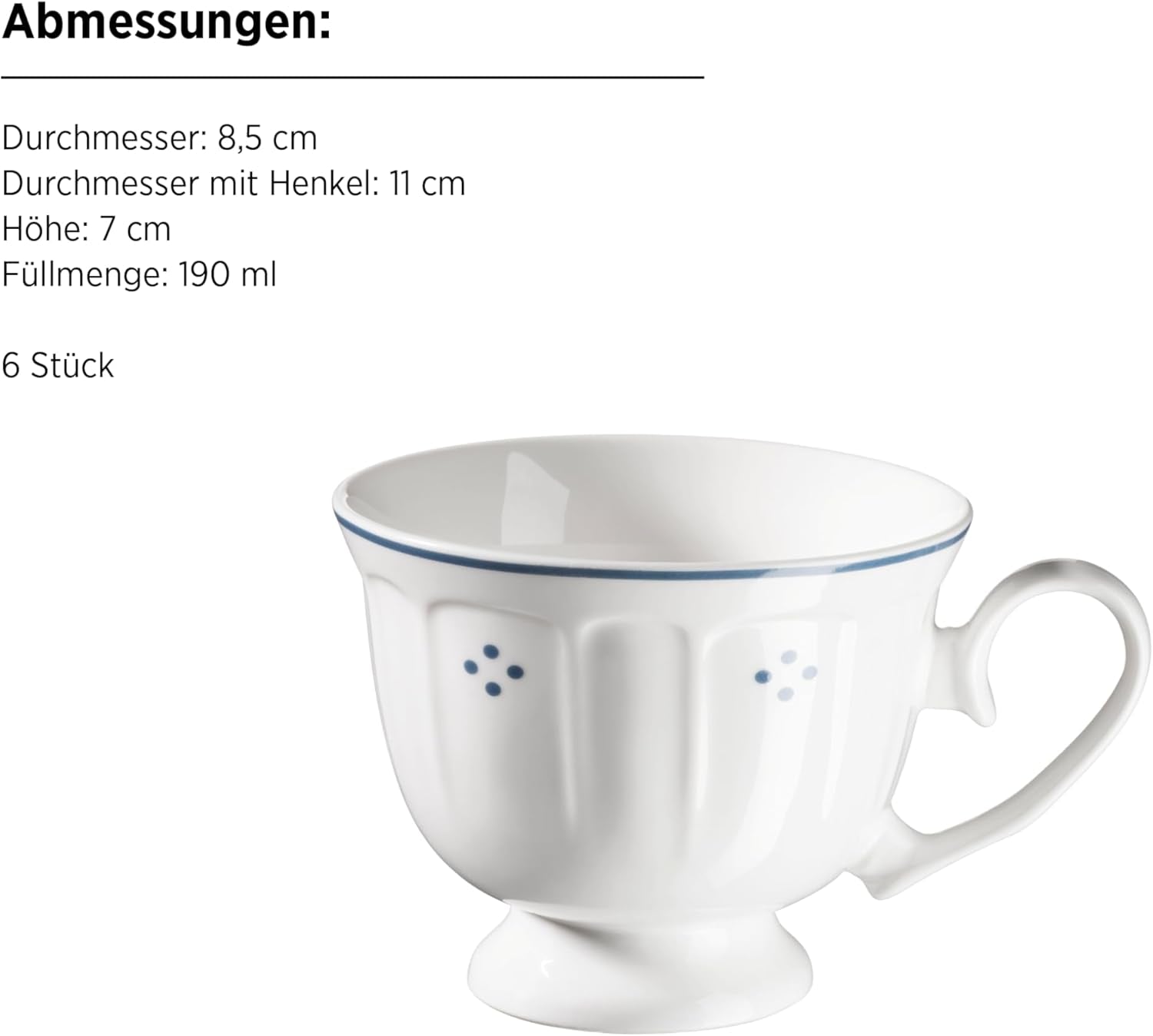 Mäser Lova Serie 18-delig porseleinen koffieservies - 6 dessertborden (19,5 cm), 6 kopjes (19 cl) en 6 schotels (15,5 cm), blauw