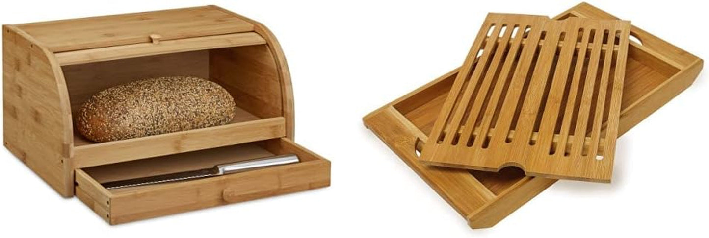 Relaxdays Broodmand op wielen met lade, bamboe, HxBxD: 21 x 40,5 x 28 cm, snijplank hout, naturel & bamboe ca. 3 x 37 x 21,5 cm snijplank met kruimellade voor eenvoudige reiniging Natuurvoeding opbergdozen Naty Shop broodsnijplank pakket 3 x 37 x 21,5 cm