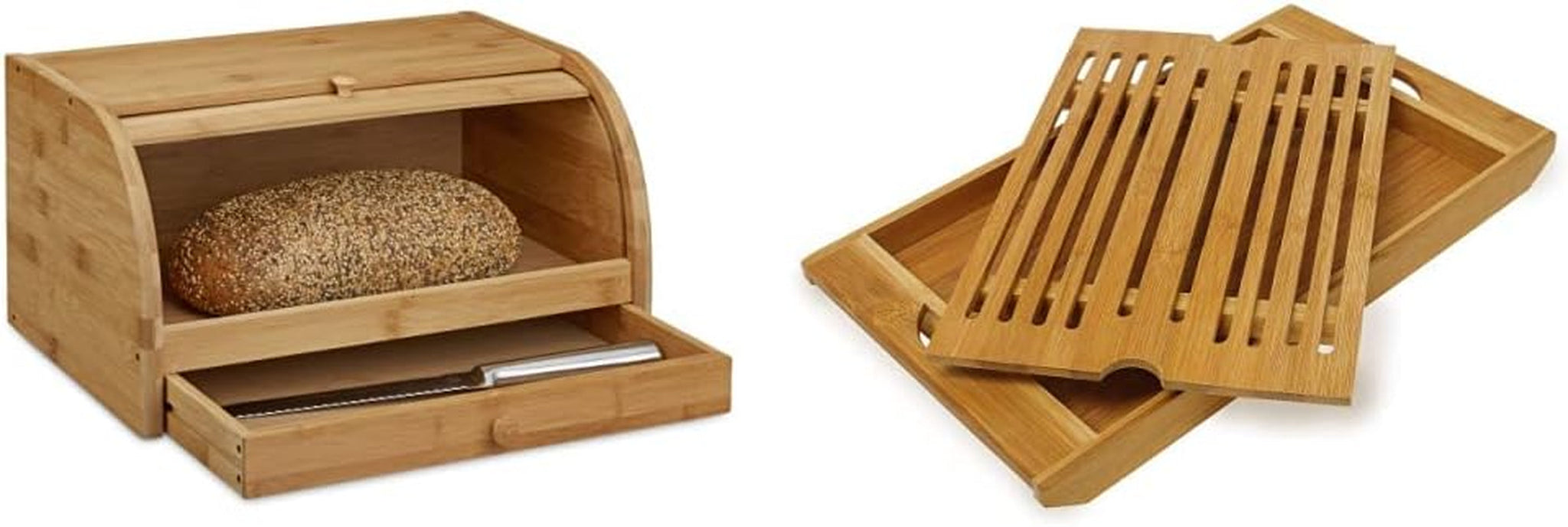 Relaxdays Broodmand op wielen met lade, bamboe, HxBxD: 21 x 40,5 x 28 cm, snijplank hout, naturel & bamboe ca. 3 x 37 x 21,5 cm snijplank met kruimellade voor eenvoudige reiniging Natuurvoeding opbergdozen Naty Shop broodsnijplank pakket 3 x 37 x 21,5 cm