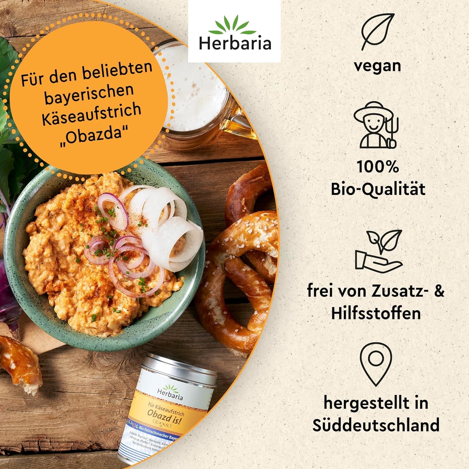 Herbaria Obazd wel! bio 90g M-Dose – Bio-Gewürzmischung bayerischen Biergartenklassiker Obazda – voor Brotaufstriche, Käsegerichte, Käsefondue – Raclette Gewürz - in nachhaltiger Aromaschutz-Dose