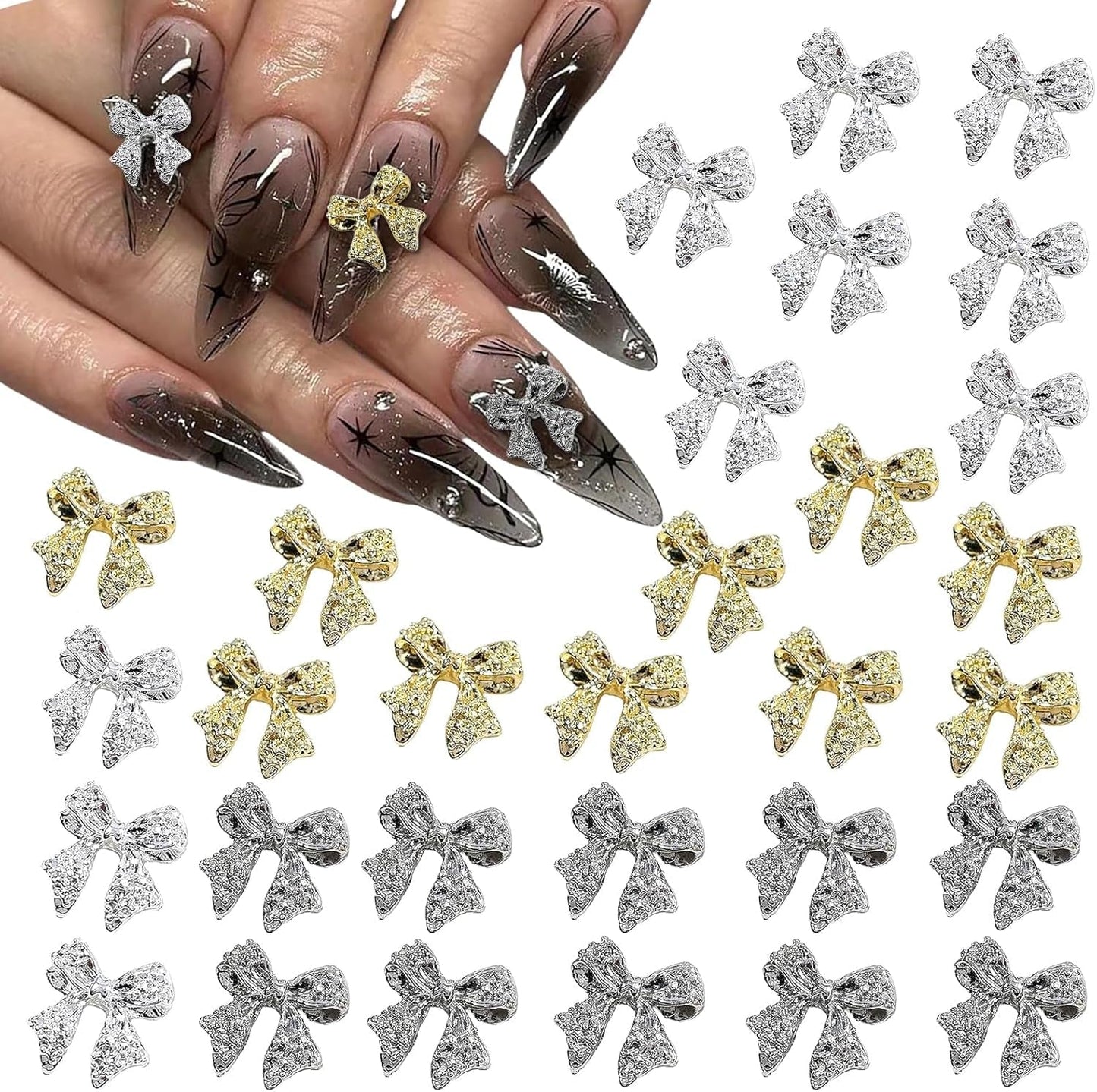 30st metalen nagelbogen, goud zilver grijze strikken, nagelaccessoires, nageldecoraties voor vrouwen en meisjes, nail art design
