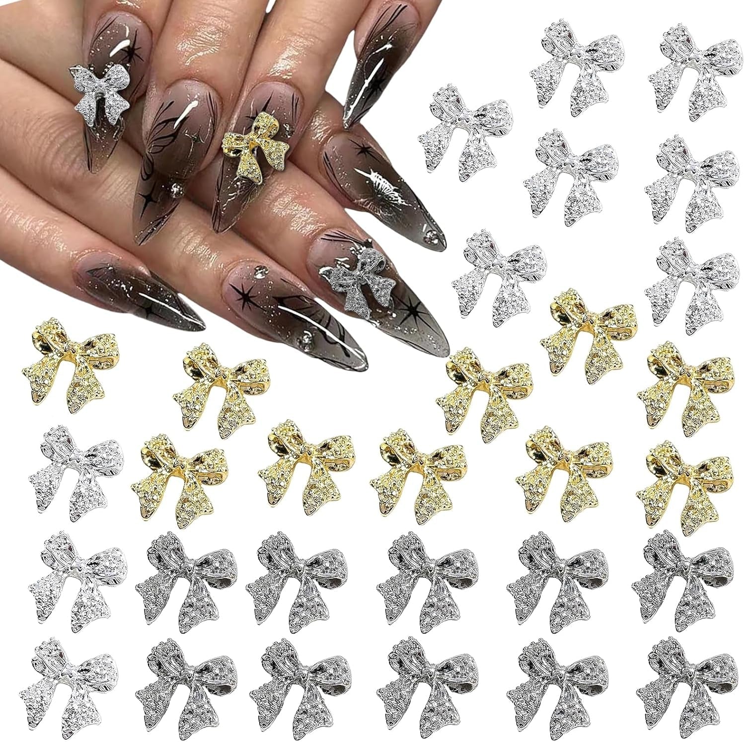 30st metalen nagelbogen, goud zilver grijze strikken, nagelaccessoires, nageldecoraties voor vrouwen en meisjes, nail art design