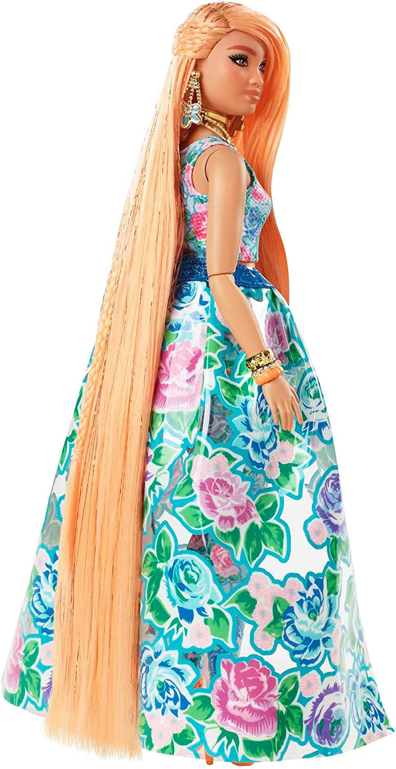Barbie extra fancy, rond lang aardbeiblond haar, tweedelig pak, blauwe kat, roze tas, ananaszonnebril inclusief pop, geschikt als cadeau, Hhn14 Naty Shop-poppen