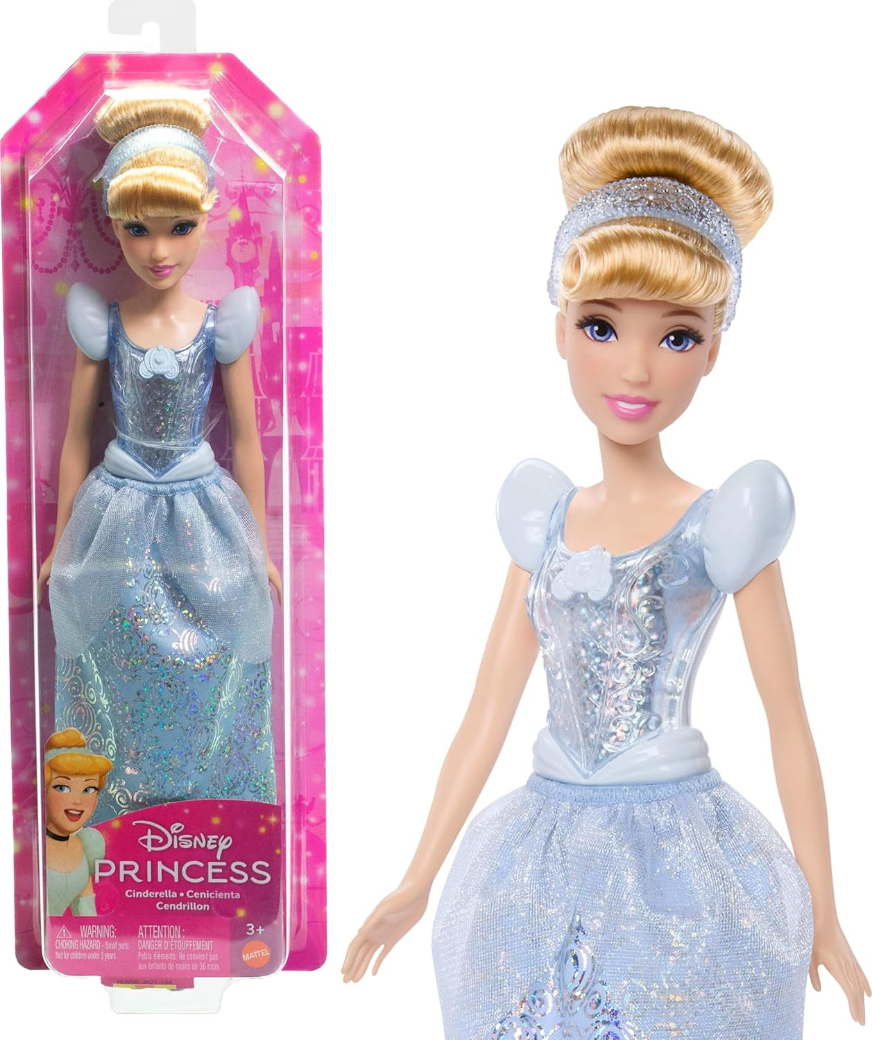 Mattel DISNEY Prinses Assepoester - Gelede pop met sprankelende outfit, afneembare schoenen en tiara, gekamd haar voor stylingplezier, voor kinderen vanaf 3 jaar, HLW06
