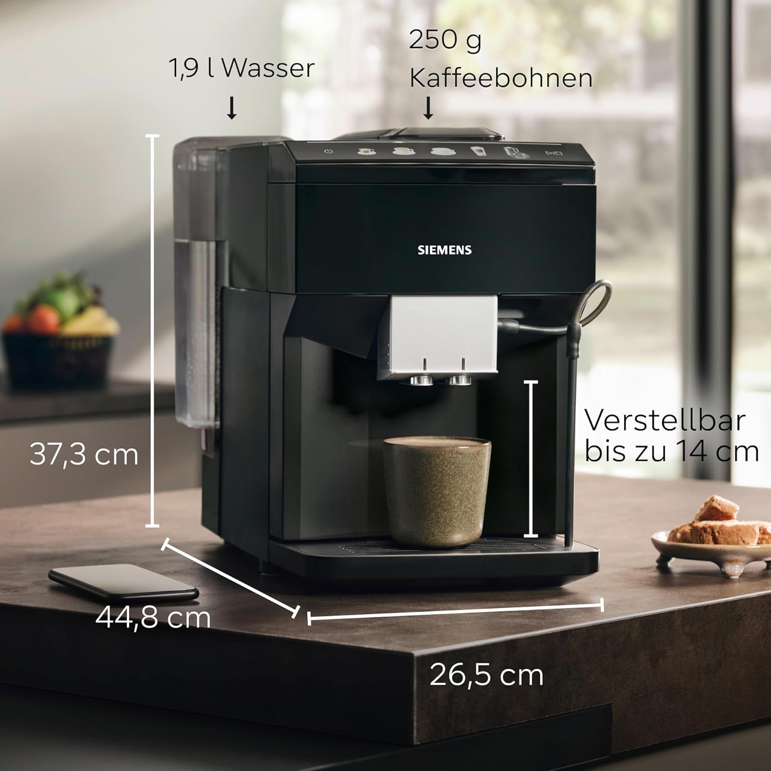 Siemens EQ500 klassieke automatische espressomachine, TFT-kleurenscherm, 5 soorten koffie en melk, dubbele kopfunctie, eenvoudige reiniging, afneembare zetunit, met melkslang, zwart, TP511E19