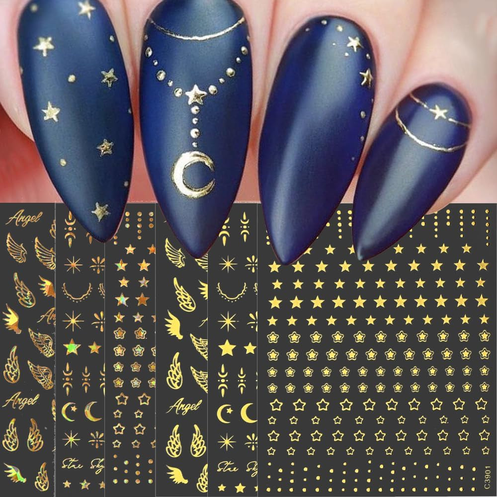 gouden ster en maan nagelstickervellen, engelenvleugels, bruine gouden nagelstickers, sterren, nagelfolie, nagelstickers, nageldesignaccessoires, nagelstickers