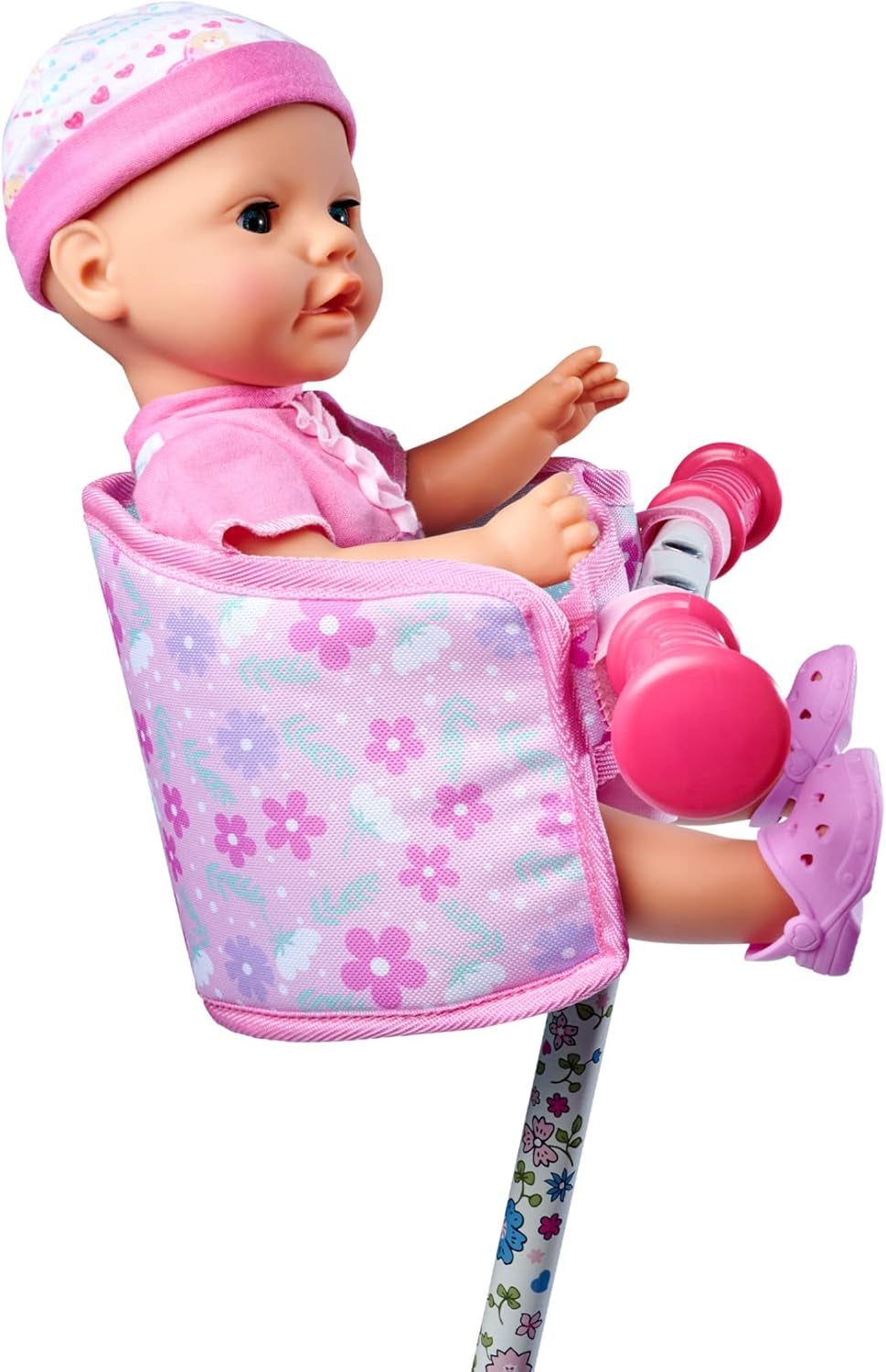 Simba 105560018 - Fietsstoeltje voor pasgeborenen met riem, poppenaccessoire, stoffen zitje, veiligheidsgordel, stuur met klittenband, voor poppen van 30-43 cm, vanaf 3 jaar