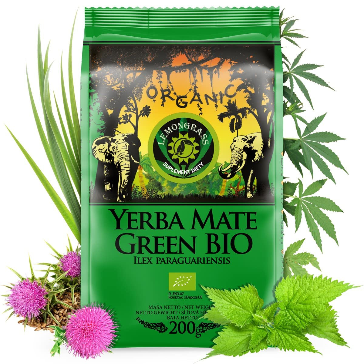 BIO Biologische Mate Thee ● Yerba Mate Thee met citroengras ● 200 g Verse Braziliaanse Mate Thee ● Ongebrand, hete lucht gedroogd ● Alleen biologische ingrediënten ● Losse groene thee