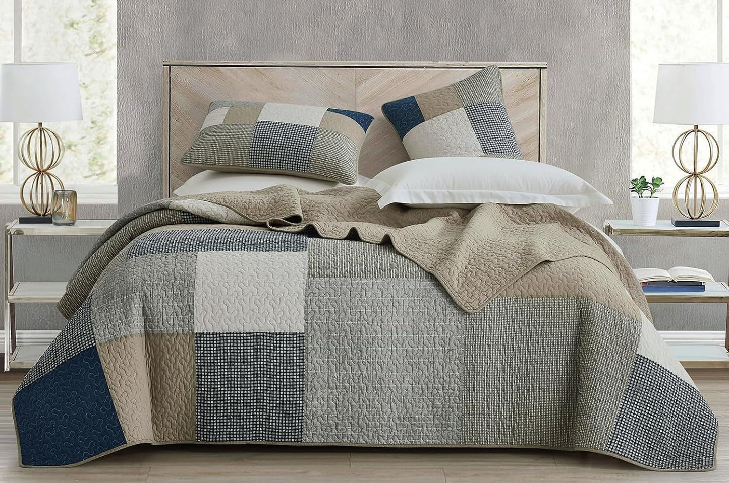Chezmoi Collectie Addy Patchwork Quiltset Voorgewassen Katoen Lichtgewicht Omkeerbaar Alle seizoenen Oversized 3-delig Marine Wit Grijs Taupe Geruite Quilts & Quilts Naty Shop