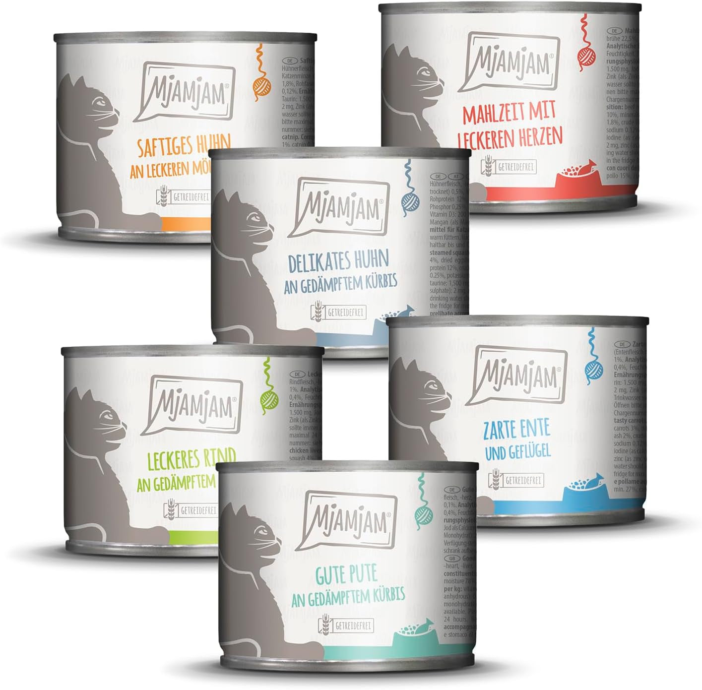 MjAMjAM - Premium natvoer voor katten - Delicious Mix Pack III Maaltijden voor uw kat, 6 stuks (6 x 200 g), graanvrij met extra vlees