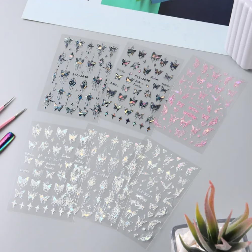 3D Metallic Schwarz Schmetterling Nagelsticker - Laser Roze Aurora Nagelaufkleber - Punk Butterfly Nail Art Stickers - Zilveren Nagelsticker - Nageldesign Zubehör