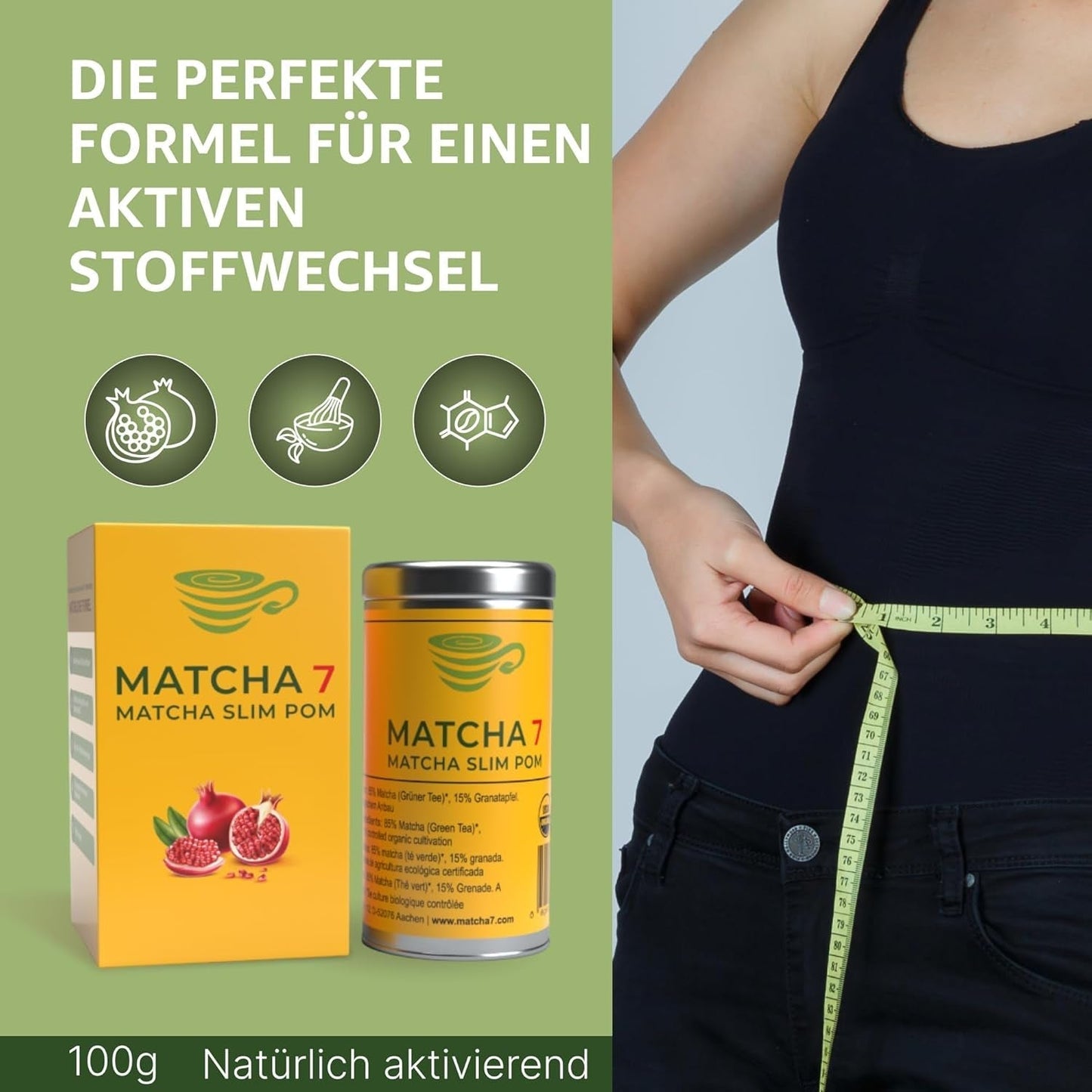 ® Ceremonial Matcha Powder X Granaatappel 100G [Ondersteunt gewichtsverlies en stofwisseling] - Groene thee voor een actieve en gezonde levensstijl - Groene thee zonder toevoegingen (puur en natuurlijk)