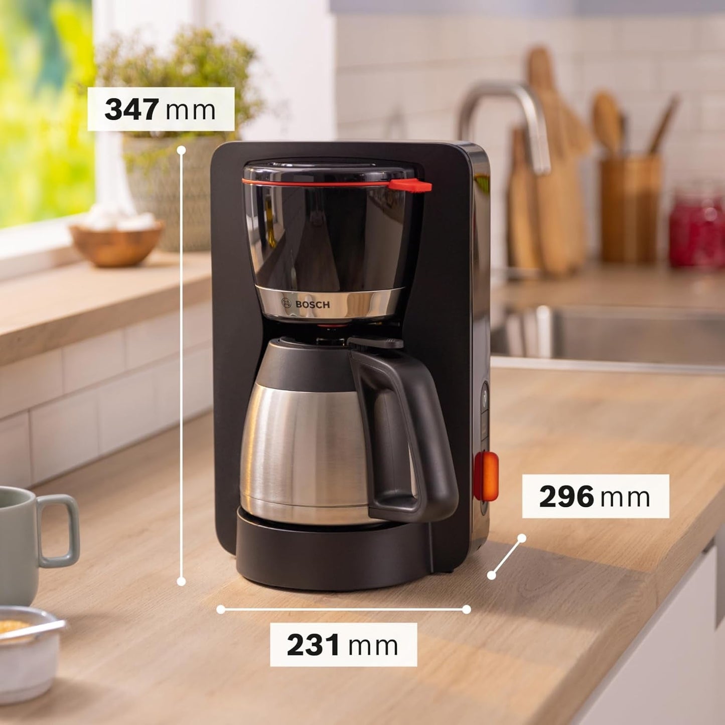 Bosch MyMoment TKA6M273 Filter-espressomachine, 1L thermische karaf, 8-12 kopjes, antidruppelsysteem, roterende filterhouder, ontkalkingsprogramma, verwijderbaar waterreservoir, 1200 Watt, matzwart