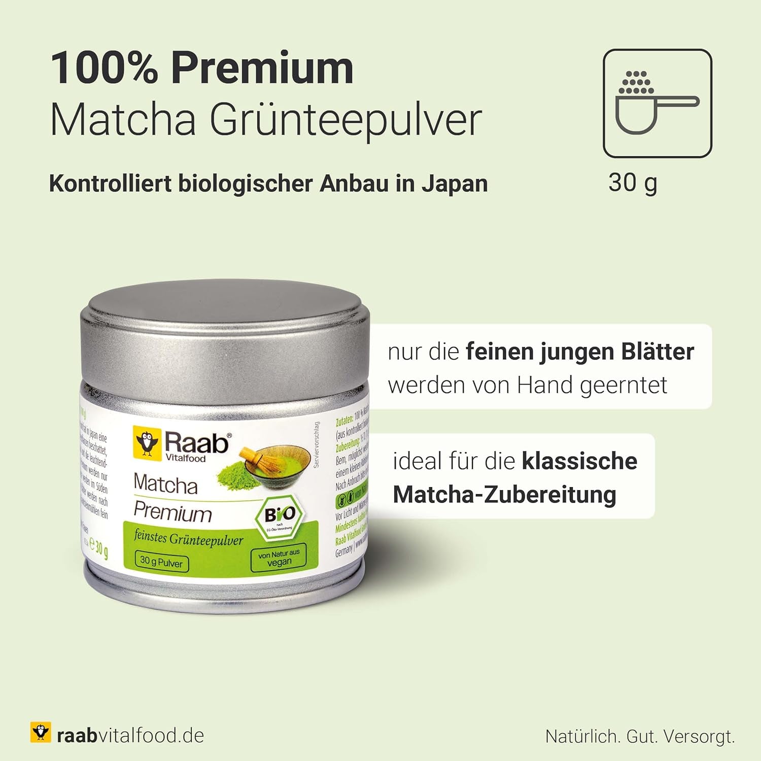 Raab Vitalfood® Premium Bio Matcha Poeder (30g) - Origineel uit Japan, puur matchapoeder zonder toevoegingen, fijngemalen, mild bittere smaak, groene theepoeder, veganistisch, theeceremonie