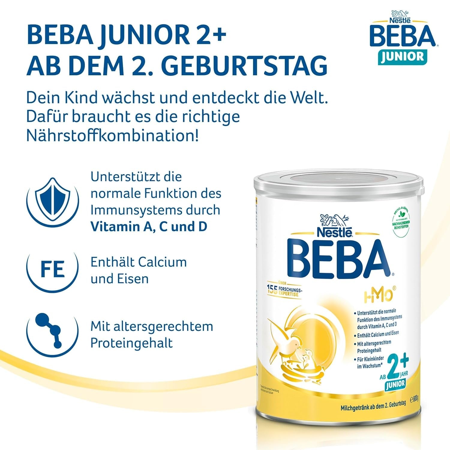 BEBA Junior 2+ melkdrank vanaf 2 jaar, Met HMO, Aan de leeftijd aangepast eiwitgehalte, Alleen lactose, Geen palmolie, Geen visolie, Peutervoeding, Babymelkpoeder, Pak van 3 (3 x 800 g)