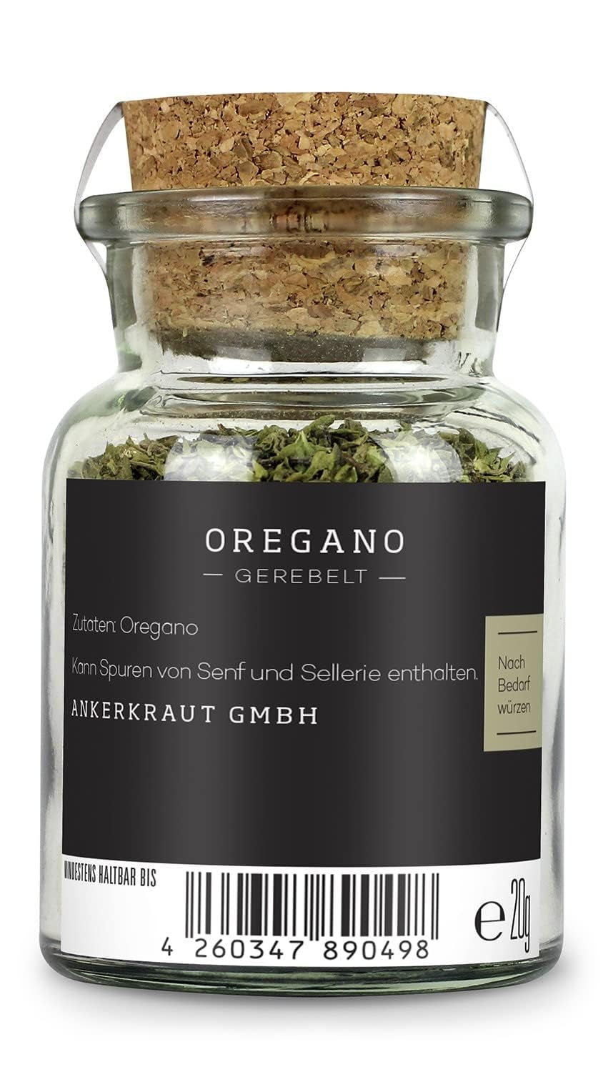 Ankerkraut Oregano Gewürz, gedroogde gerebelt, perfect voor pizzasoep, tomaat en vis, Kräuter zum Würzen, mediterrane Küche für zu Hause, Lecker Kochen, 20g in korkenglas