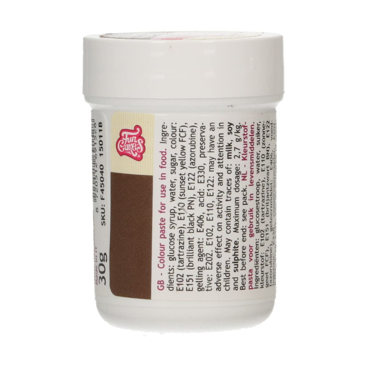 Geconcentreerde kleurstof Funcakes Paste Donkerbruine kleurstof; Geconcentreerde kleurstof voor deeg, room, fondant, marsepein, deeg, modelleerpasta en bloemenpasta. Halal en koosjer. 30 gram