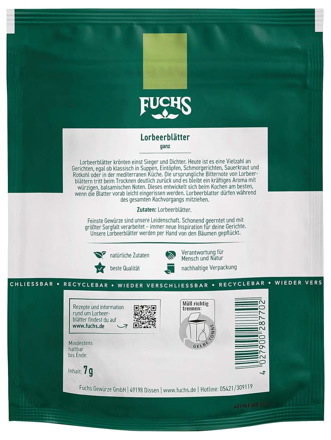 Fuchs - Laurierblaadjes in hersluitbare, recyclebare zak - gemaakt van natuurlijke ingrediënten - 7 gram Specerijen Naty Shop