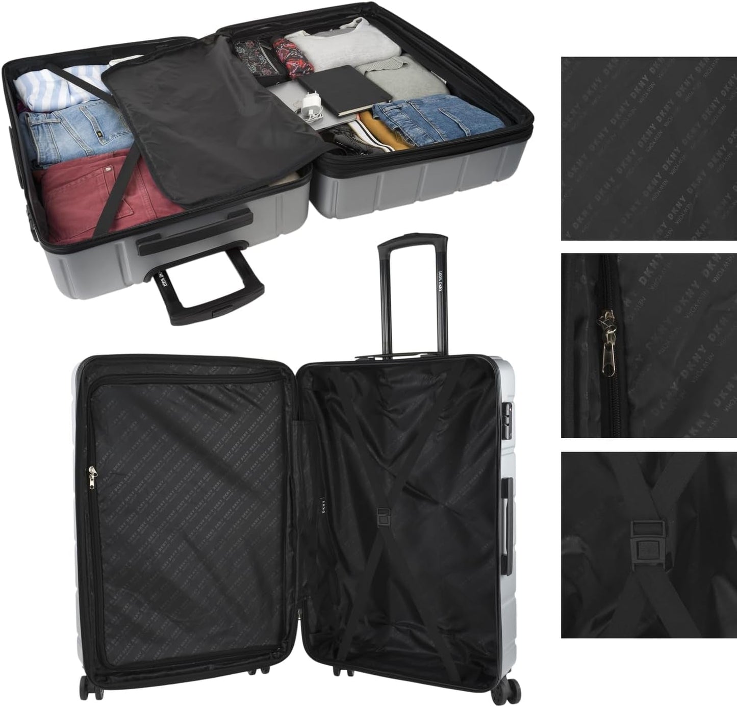 DKNY - Grote koffer met 4 wielen Grote lichtgewicht koffer - Grote reiskoffer op wielen. Grote vliegtuigreiskoffer Harde koffer met gecertificeerde sluiting - Grote trollerkoffer Zilveren bagage en reisuitrusting Naty Shop